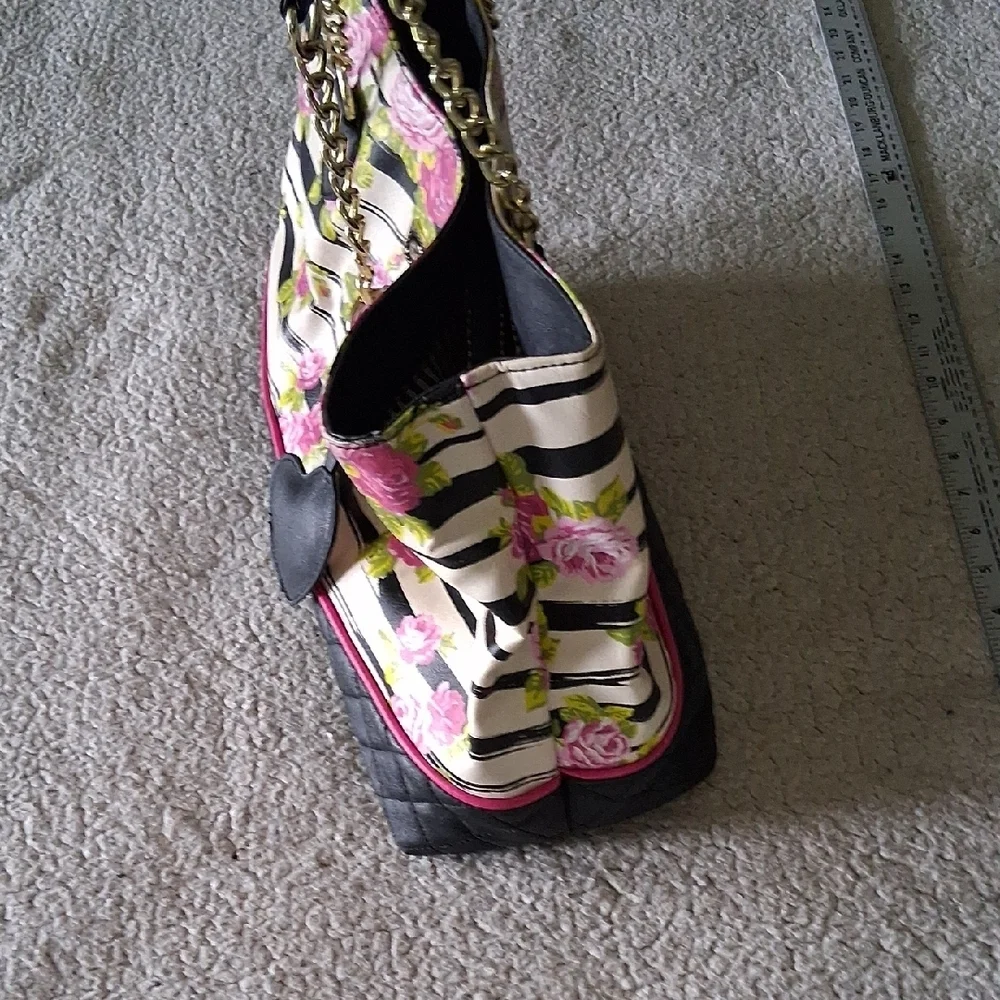 Betsey Johnson Black & Pink Floral Striped Satchel
